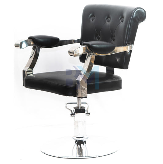 Black hairdressing chair with chromed metal armrests