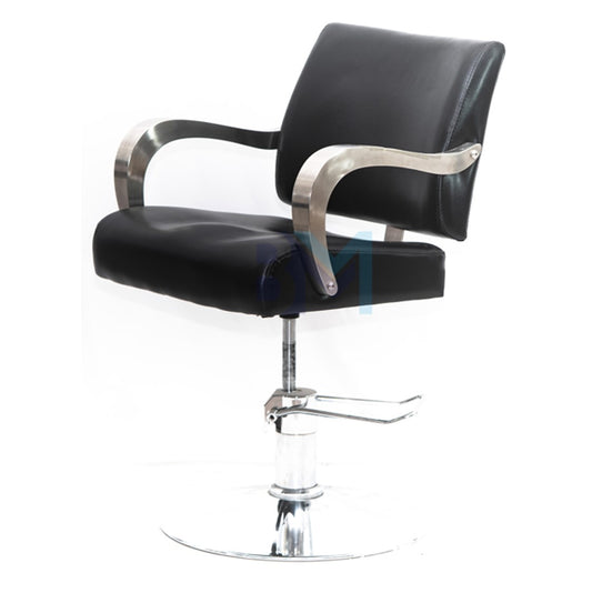 Black hairdressing chair with chromed metal armrests